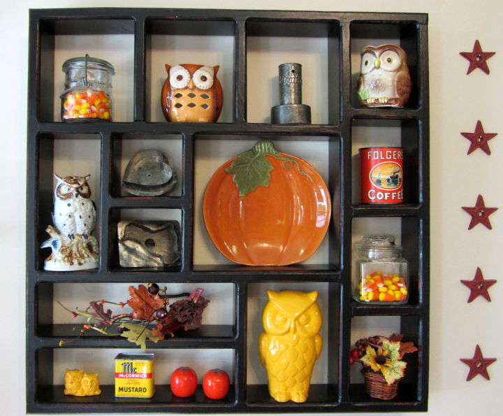 pumpkins and owls, seasonal holiday decor, A shadow box with candy corn in jars vintage tins Folger s Coffee puzzle in an orange can fall faux foliage an orange pumpkin plate and my owls