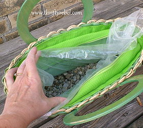 turn a purse into a planter, flowers, gardening, repurposing upcycling, Cut the bag to size and insert into the purse Then add about 2 of pea gravel into the bottom
