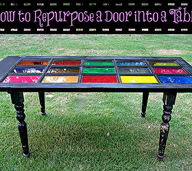how to repurpose a glass door into a colorful table, painted furniture, repurposing upcycling, All the materials were repurposed The door came from Habitat Home Store and the legs were salvaged from a damaged table that was on the curb for trash pick up