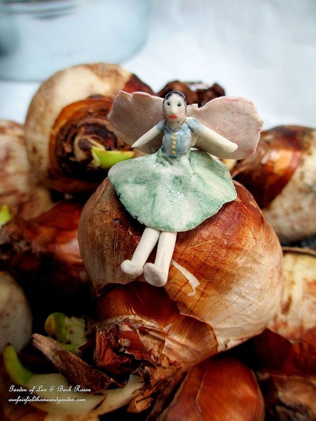 paperwhite bulb planting, container gardening, flowers, gardening, Tiny porcelain fairy atop a paperwhite bulb
