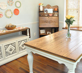 diy pottery barn farmhouse table knockoff, diy, painted furniture, woodworking projects, The table can comfortably seat six w o the leaf or 8 with the leaf It looks great with the new plate wall my wife just finished