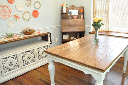 diy pottery barn farmhouse table knockoff, diy, painted furniture, woodworking projects, The table can comfortably seat six w o the leaf or 8 with the leaf It looks great with the new plate wall my wife just finished