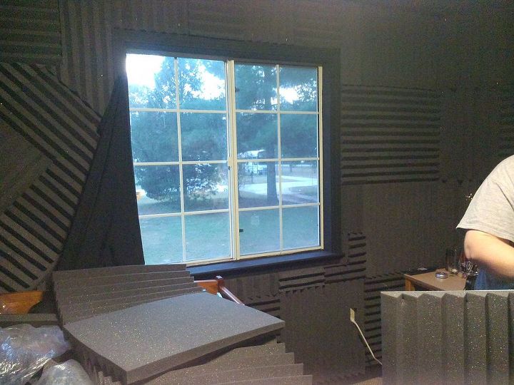 home music studio, bedroom ideas, Now to cover the windows I used a foam board cut a little smaller than the window opening then covered with the acoustic foam