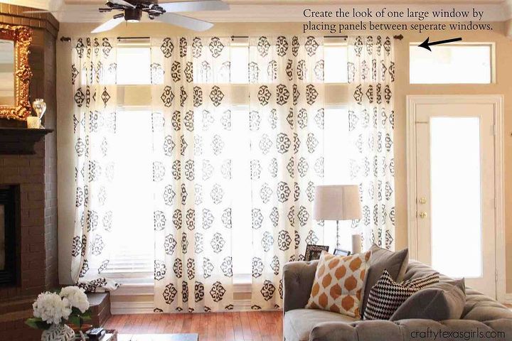 how to hang drapes, home decor, living room ideas, reupholster, window treatments, windows, Tip Make small windows appear to be one large window by hanging panels in between separate windows More tips at craftytexasgirls com