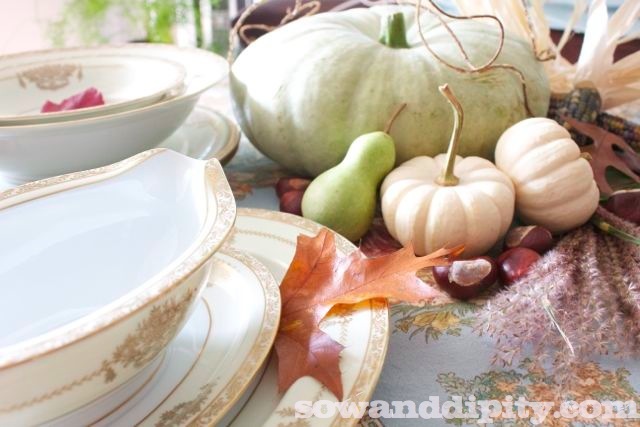 rustic vintage tablescape, seasonal holiday d cor, thanksgiving decorations, Vintage dishes fine linens and rustic fall elements