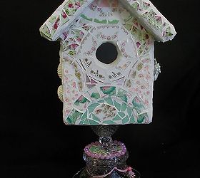 more of my mosaics, painted furniture, tiling, This is a birdhouse for indoor decor only Each side of the roof and all four sides are different but with the same color scheme I used a glass compote for the pedestal and then painted some of the etched part and added jewelry