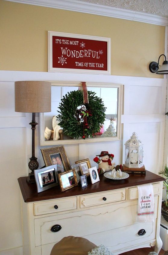 my holiday home tour first home tour ever, christmas decorations, seasonal holiday decor, DIY sign and some thrifted garage sale items on top of the antique dresser