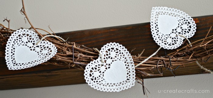diy doily and twine banner for valentine mantel, crafts, seasonal holiday decor, valentines day ideas