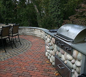 pond and patio, outdoor living, patio, The circle pattern is repeated in the wall radius and the wall with heat treated flagstone cap provides for additional setting for those larger parties