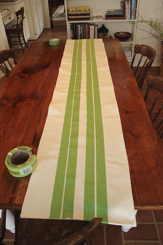grain sack inspired table runner, home decor, Mark off the stripes with painter s tape and paint the fabric with acrylic latex or chalk paint