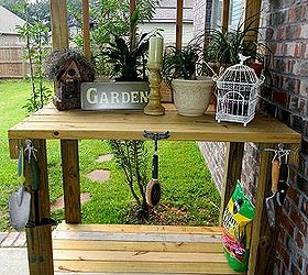 outdoor space patio area, outdoor furniture, outdoor living, patio, Potting bench built with leftover lumber