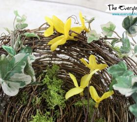 an easy spring bird nest with speckled eggs project, crafts, seasonal holiday decor, wreaths, Using some bits of ivy some reindeer moss and leftover stems of forsythia