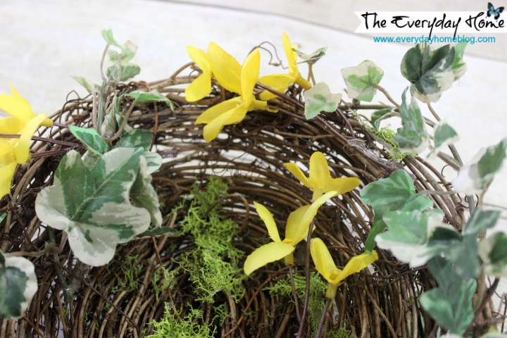 an easy spring bird nest with speckled eggs project, crafts, seasonal holiday decor, wreaths, Using some bits of ivy some reindeer moss and leftover stems of forsythia