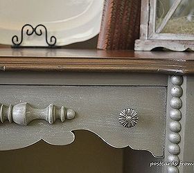 painted antique desk with lots of carved details, painted furniture, The center drawer