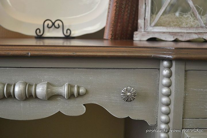 painted antique desk with lots of carved details, painted furniture, The center drawer
