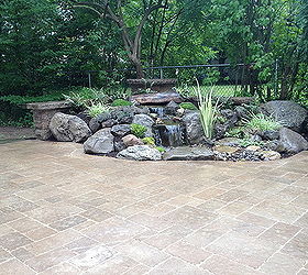 landscape garden design waterfalls water feature patio sitting wall with pillars, Brighton NY Waterfall Water Feature Rock Garden by Acorn Landscaping of Rochester NY This area is now more inviting and an extension of the house Contact us now to learn more about these Low Maintenance Water Features