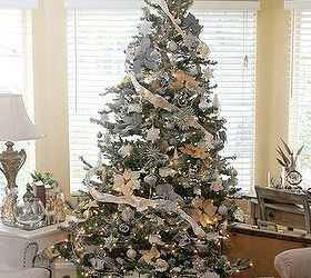 turning your home into a winter wonderland myfavoritethings, christmas decorations, seasonal holiday decor, Gold and Silver Christmas tree with starburst tree topper made from styrofoam and skewers