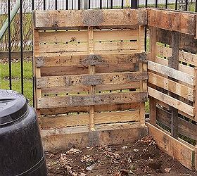how to build a composting system from pallets, composting, diy, gardening, go green, how to, pallet, repurposing upcycling, You ll need five pallets to get a two tiered system Start by creating a back wall and securing another pallet for a side wall