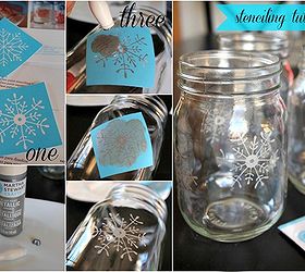 white christmas mason jar luminaries, christmas decorations, crafts, decoupage, electrical, lighting, mason jars, seasonal holiday decor, This step is totally optional but the snowflakes do add a pretty touch I used some Martha Stewart glass paint snowflake stencils to stencil my jars