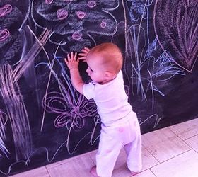 make a diy kids chalkboard, chalkboard paint, crafts, my 12 month old checking out the chalk drawings