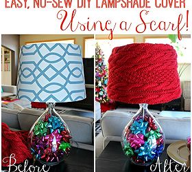 easy no sew diy lampshade cover using a scarf, crafts, lighting, seasonal holiday decor, My blue white geometric lampshades weren t working with this year s holiday decor but the red knit looks great