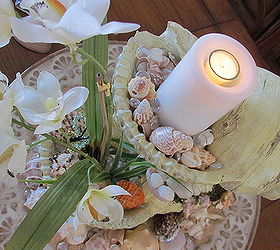 sea shell centerpiece, crafts, home decor, The top shell has a battery pillar candle that no longer worked so I found a small votive Added smaller shells