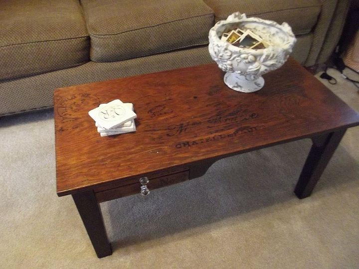 my coffee table from old desk, living room ideas, painted furniture, repurposing upcycling, Showing the top I used typography from the graphics fairy and aged it to look ancient