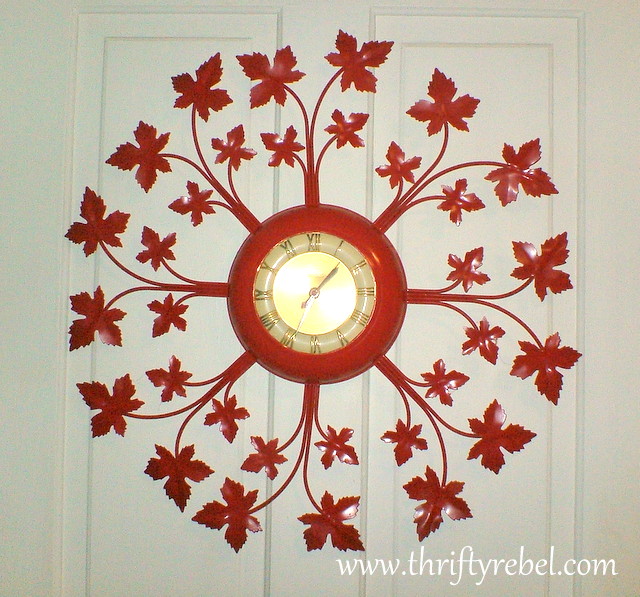 red hot vintage clock makeover, painted furniture, Clock after spray painting with Krylon Fusion Red