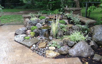 Landscape Garden Design, Waterfalls Water Feature, Patio, Sitting Wall with Pillars, Lighting, Landscaping, Brighton NY