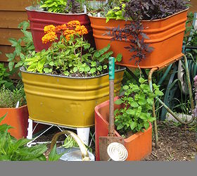 upcycling old wash tubs and chimney flues, gardening, repurposing upcycling, Our whimsical kitchen herb garden on rollers