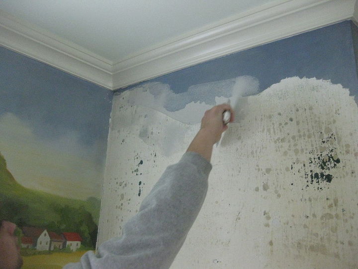 restaurao de murais, N s remendamos as paredes para deix las lisas antes de repintar e pintar a arte de substitui o