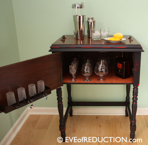 sewing cabinet upcycled into a bar cart, repurposing upcycling, After photo of sewing cabinet upcycled into a bar cart Top is a removable serving tray