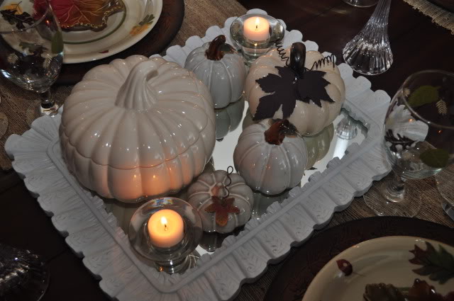 white thanksgiving tablescape, seasonal holiday d cor, thanksgiving decorations, For the centerpiece I used a mirror and set tealight candles and pumpkins on it