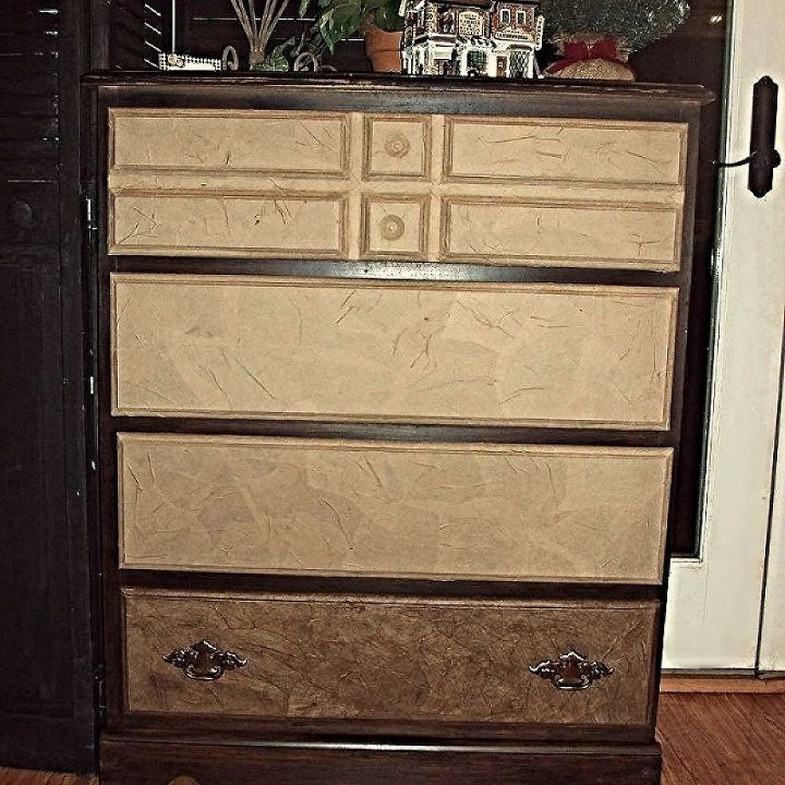 steamer trunk inspired curbside chest of drawers makeover, The drawers covered with the brown bags showing the three top drawers before staining The bottom drawer has been stained