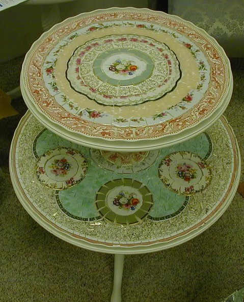 more of my mosaics, painted furniture, tiling, This is a two shelf pie crust table