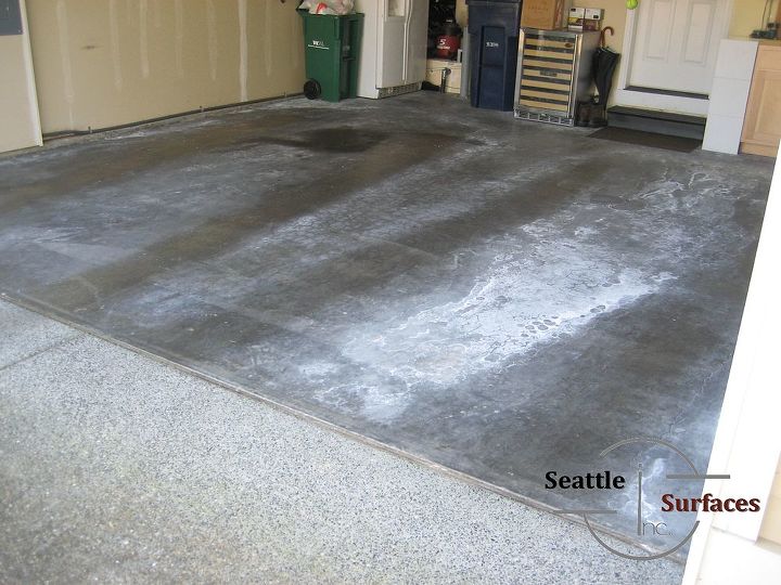solid colored epoxy garage floor over an epoxy moisture barrier, concrete masonry, flooring, garages, A Moisture Problem has Left Efflorescence on this Garage Floor