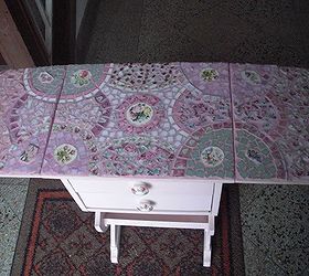 more of my mosaics, painted furniture, tiling, This is a vintage sewing table I painted it mosaiced it and then added handpainted rose doorknobs