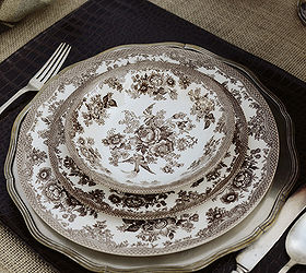 ralph lauren inspired outdoor dinner for two, home decor, outdoor living, Ralph Lauren inspired outdoor dinner for two faux crocodile placemat with brown transferware dishes