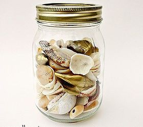embracing gold in home decor, home decor, Shells from a recent beach trip are displayed in a gold lidded mason jar Look closely and you ll see that I painted some of the shells gold to tie the whole thing together