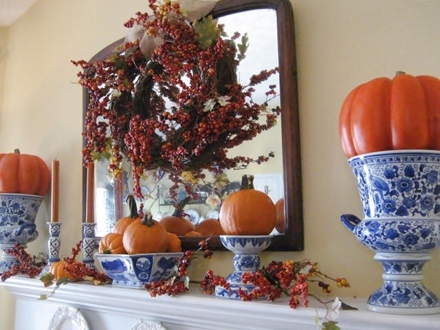 confessions of a plate addict s fall home tour, seasonal holiday d cor, Fall mantel decorated with blue and white pumpkins and bittersweet
