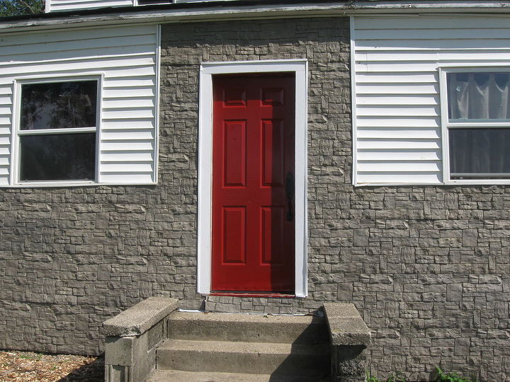 what do you think, curb appeal, doors, outdoor living, painting, Does the red go with the faux grey stone panel and white siding