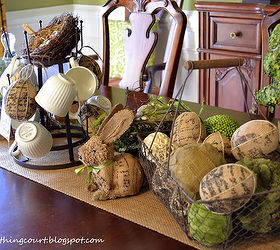 my burlapy and vintagey easter centerpiece, easter decorations, seasonal holiday d cor, Burlap covered eggs in an aged wire basket combined with decorative orbs