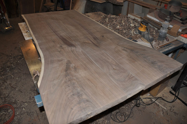 l shaped walnut slab desk, painted furniture, woodworking projects, planned and rough sanded