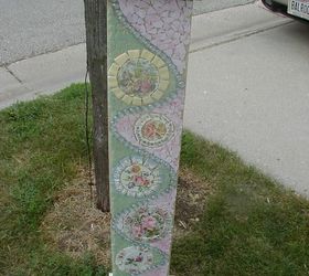 more of my mosaics, painted furniture, tiling, This is a plant stand I mosaiced This was photographed before I grouted it