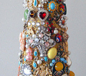 family jewelry christmas tree, christmas decorations, crafts, repurposing upcycling, seasonal holiday decor, I used glitter glue to fill in any spaces after I had finished adding all the jewelry pieces This gave the tree a sparkly effect I placed the finish tree on a small urn pedestal