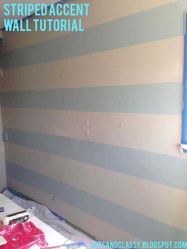 painting a striped accent wall tutorial, bedroom ideas, paint colors, painting, wall decor, Then I applied my second color Rain Puddle to the taped off stripe area I applied 2 3 coats to make sure there was full coverage