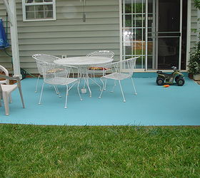 diy painting concrete patio aqua, concrete masonry, diy, painting, patio, Finished I actually spray painted some brown glitter on top looks like sand in some places kids loved it