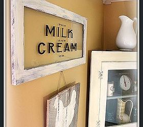 come check out my vintage milk and cream co stenciled paint on glass sign diy, crafts, home decor, repurposing upcycling, another shot of the sign hanging in my kitchen