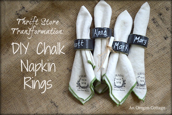 diy chalkboard napkin rings placemats, chalkboard paint, crafts, thanksgiving decorations, Thrift store napkin rings upcyled into a catalog worthy gift