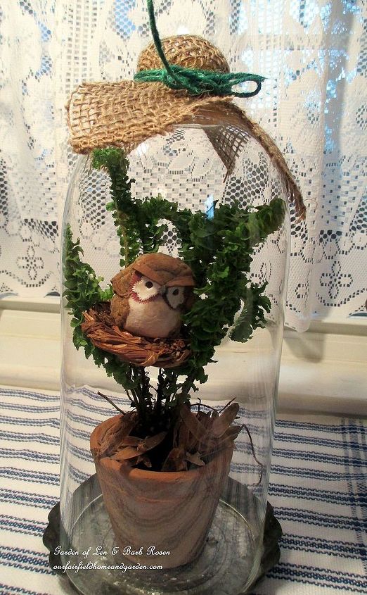 lamp glass cloches, crafts, tiny fern nesting owl under a lamp glass cloche